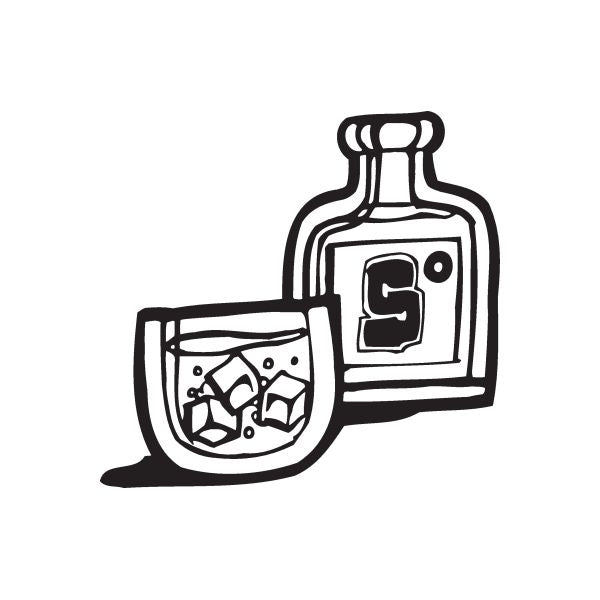 Scotch on the Rocks decal: black bottle and rocks glass outline