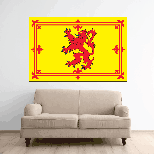 Scotland flag sticker, rectangular yellow design with red lion and ornate red border