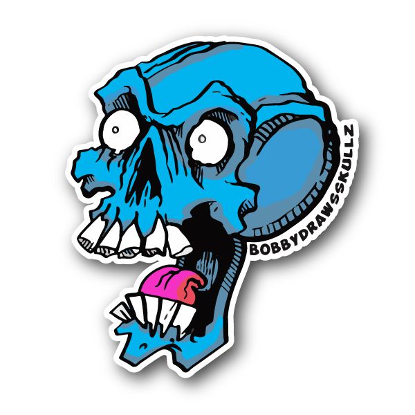 Blue screaming skull vinyl sticker with open mouth, teeth, pink tongue, die-cut shape