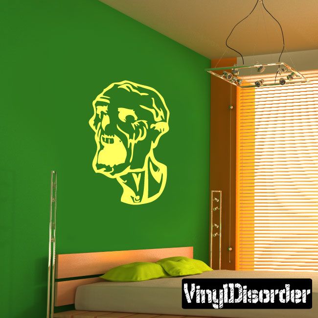 Zombie head wall decal with screaming face, lime green vinyl graphic