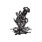Black stylized needle-and-screw head decal with horned face line art