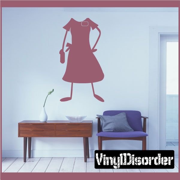 Christian vinyl wall decal with standing girl in dark red dress and scroll-like outline