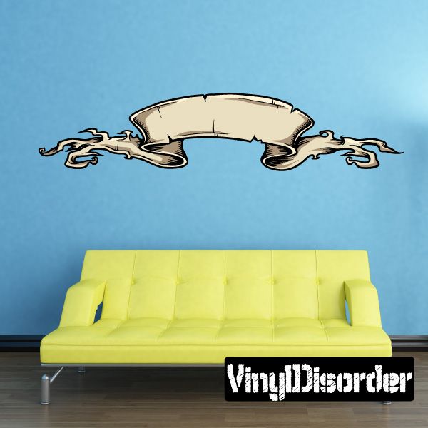Tattered scroll wall decal with flame swirls, centered cream banner, black outline