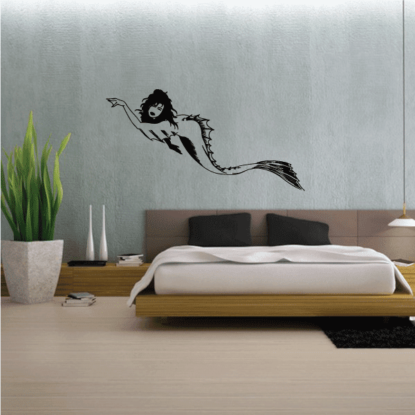 Sea monster mermaid wall decal in black, flying figure with long tail