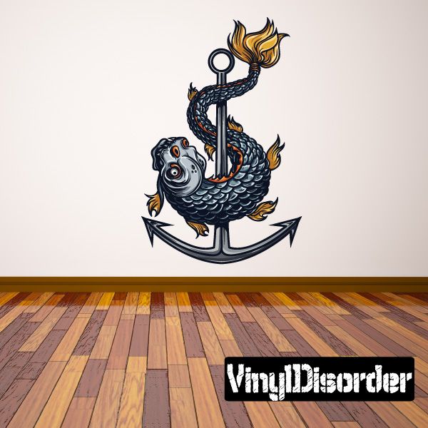 Sea monster and anchor printed decal with blue scales and flame details