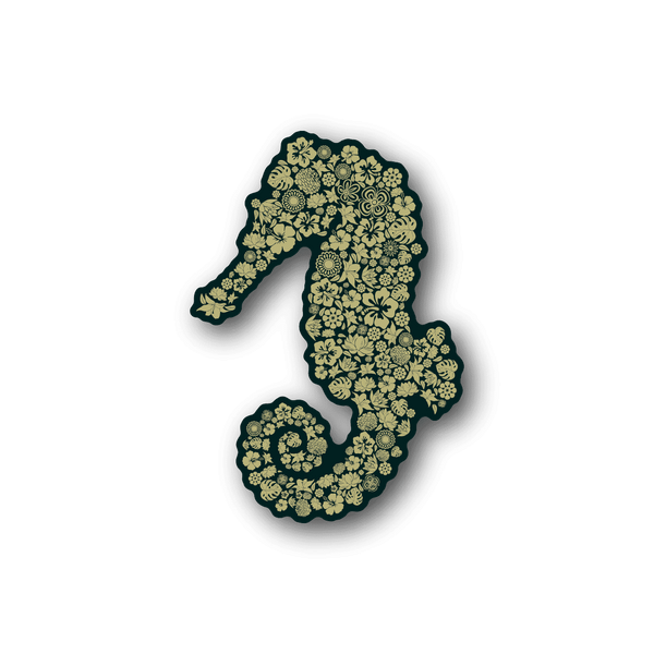 Vinyl sticker seahorse silhouette in floral collage, dark teal and pale yellow