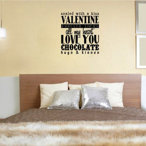 Valentine wall decal vinyl with black love quote and hearts: forever, chocolate, hugs & kisses