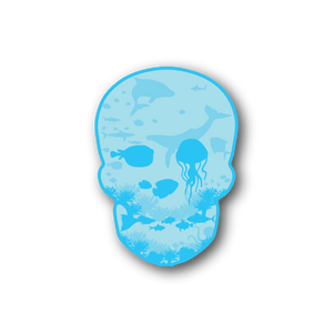 Sea-life skull vinyl sticker, blue underwater illustration in skull shape