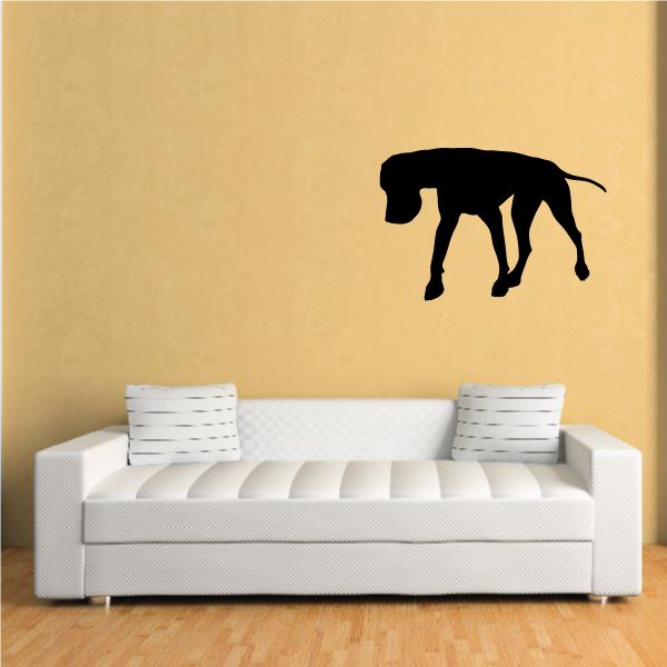 Searching Great Dane vinyl decal, black dog silhouette with raised head and tail