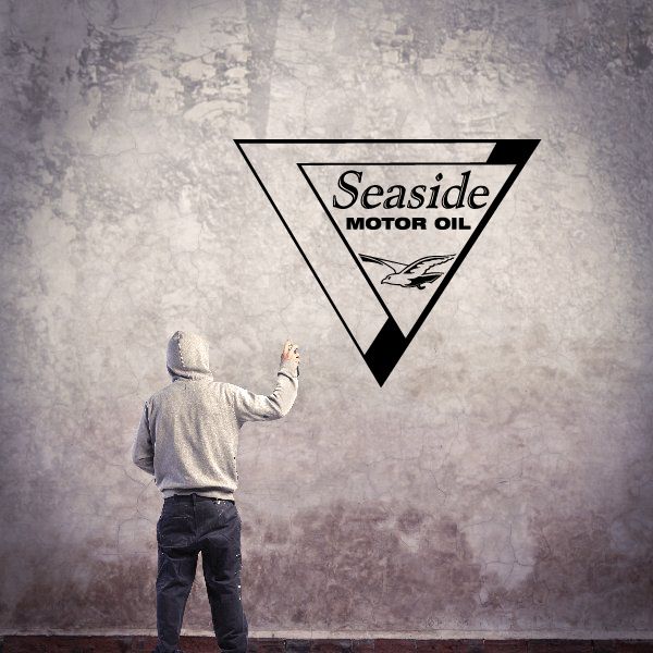 Triangular Seaside MOTOR OIL decal with white panel and black outline logo