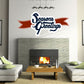 Seasons Greetings banner sticker with blue text on red ribbon