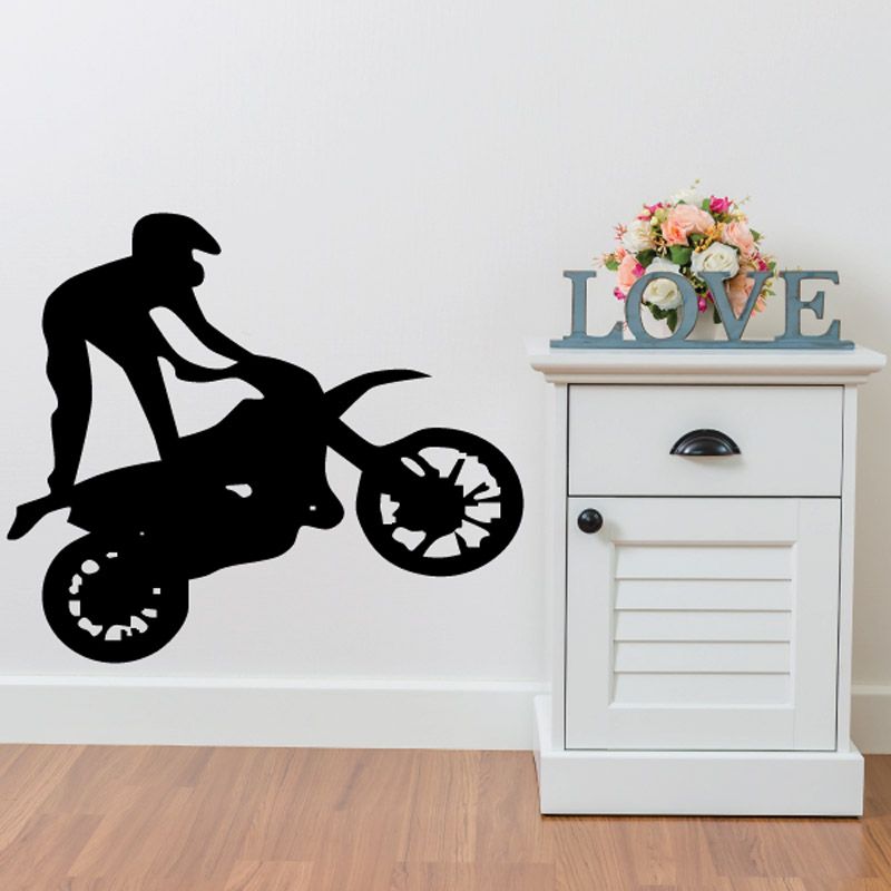 Black dirt bike rider decal sticker with wheels and seat silhouette.