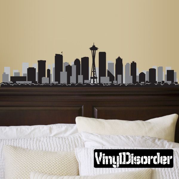 Seattle skyline wall sticker with Space Needle silhouette in dark gray and black