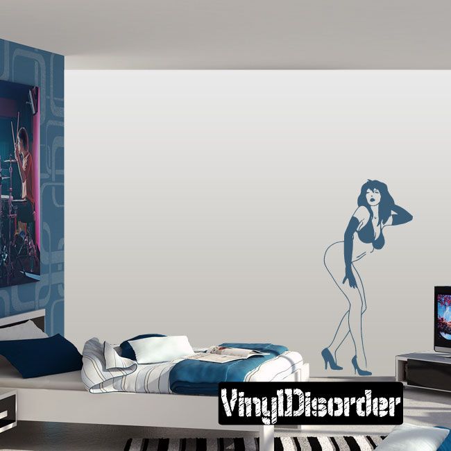 Vinyl wall decal of bikini woman in heels, blue silhouette