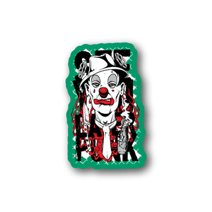 Vinyl sticker with smiling clown face in white and red, green backdrop