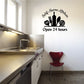 Black kitchen open 24 hours decal with self serve kitchen text and fork-knife icon