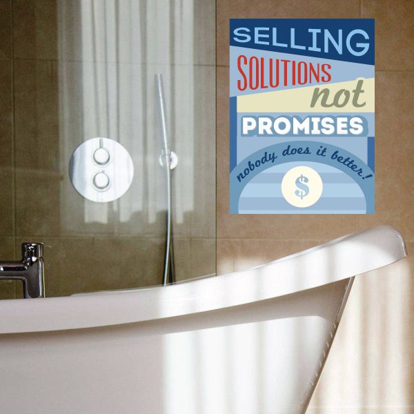 Motivational wall decal reading 'SELLING SOLUTIONS not PROMISES' with $ icon