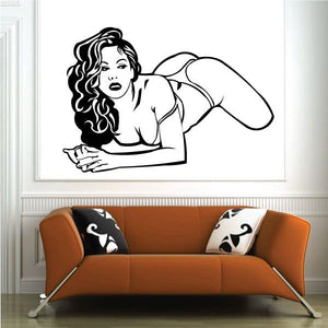 Woman in bikini decal, black line art with wavy hair and posed arms