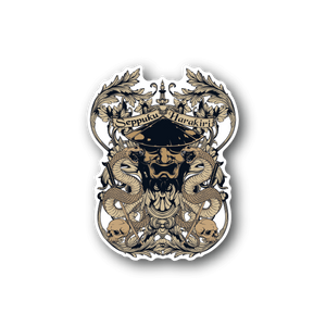 Ornate circular vinyl sticker with laurel wreath and illustrated face with dark blue accents