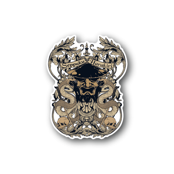 Ornate circular vinyl sticker with laurel wreath and illustrated face with dark blue accents