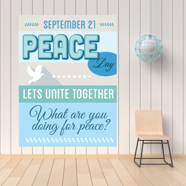 Peace Day wall decal with September 21 typography and unity message, blue and white