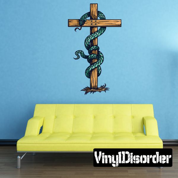 Serpent cross decal with wooden cross and green coiled snake, centered design