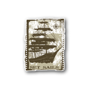 Pirate ship vinyl sticker with sailboat graphic, distressed border, white lettering