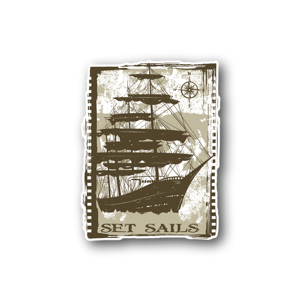 Pirate ship vinyl sticker with sailboat graphic, distressed border, white lettering