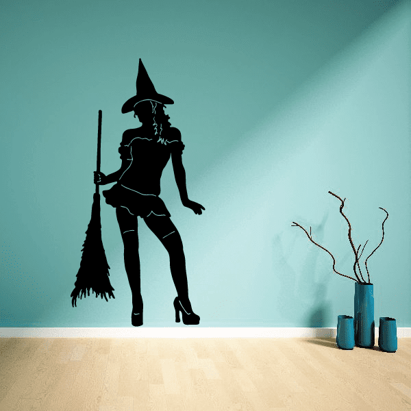 Image of Sexy Witch Holding Broom Pose Decal