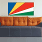 Seychelles flag sticker, rectangular design with blue, yellow, red, and green rays