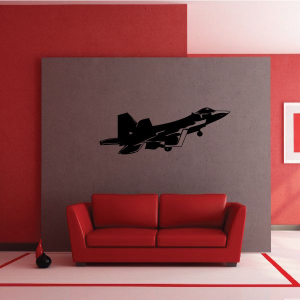 Aircraft F-22 Raptor decal, black jet silhouette on light gray backing.