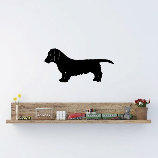 Shaggy dachshund decal of a black dog standing side view