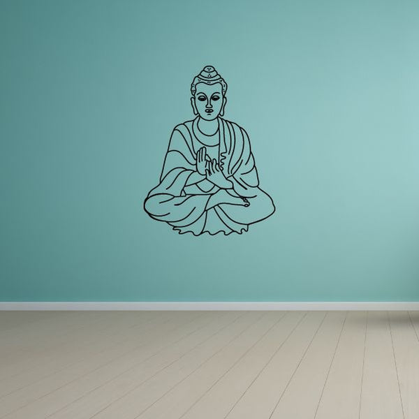 Buddha sitting meditation decal, line art of a calm monk with hands together