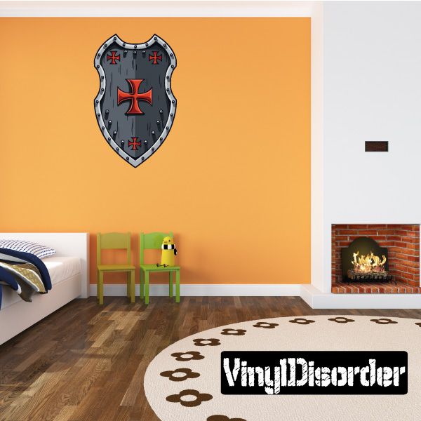 Shield-shaped heater shield sticker, dark gray with red cross design