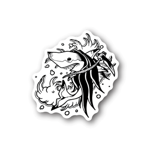 Vinyl sticker with black-and-white grim reaper shark illustration