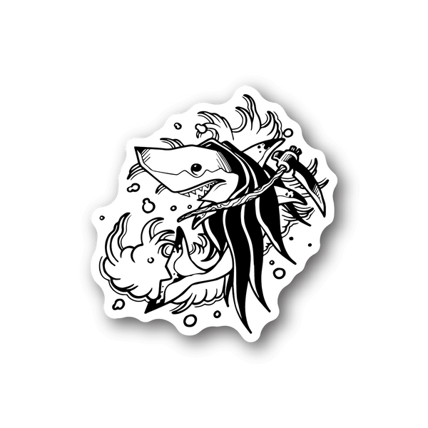 Vinyl sticker with black-and-white grim reaper shark illustration