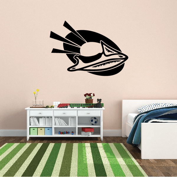 Shark jet ski decal, black-and-white stylized shark head with open mouth