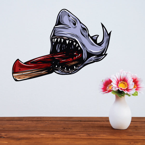 Shark kayak wall decal: gray shark with red and brown kayak