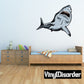 Shark turning wall sticker, cartoon gray shark with open mouth and teeth