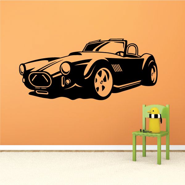Cartoon sports car wall decal, black outlined classic Shelby Cobra style