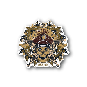 Sheriff skull vinyl sticker with cowboy hat, gold and white graphics