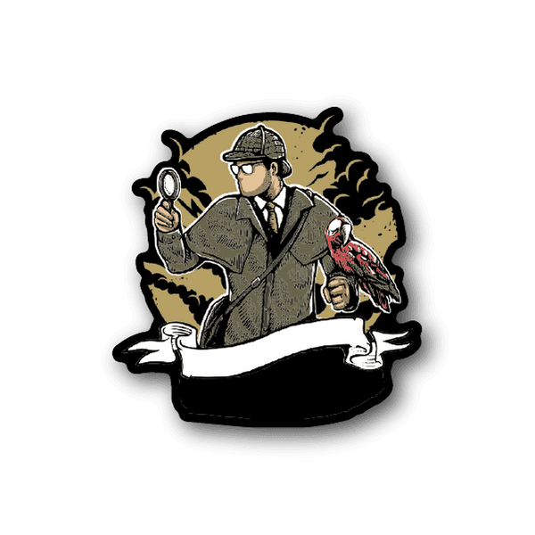 Vinyl sticker of Sherlock Holmes with magnifying glass and red bird