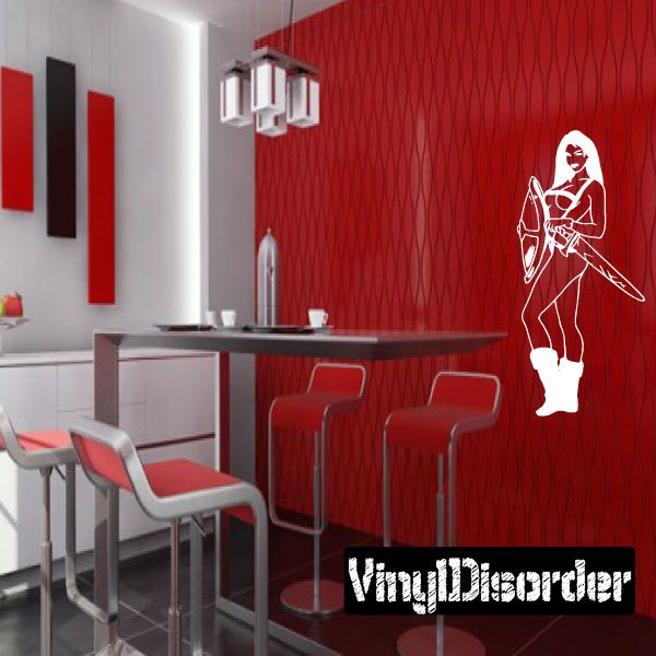 White outline warrior wall decal holding sword and shield