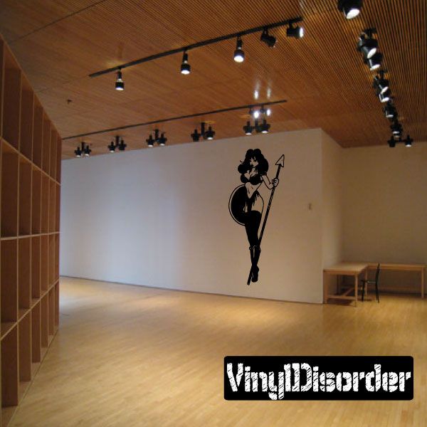 Shieldmaiden wall decal of a standing woman holding a spear, black silhouette