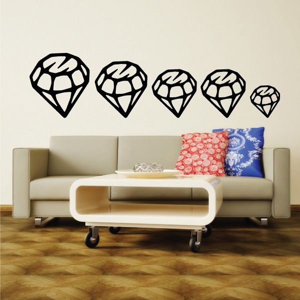 Diamond wall decal set with five outlined gem icons