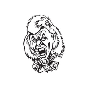 Shiny hair clown head decal sticker with black-and-white snarling clown face and bow tie