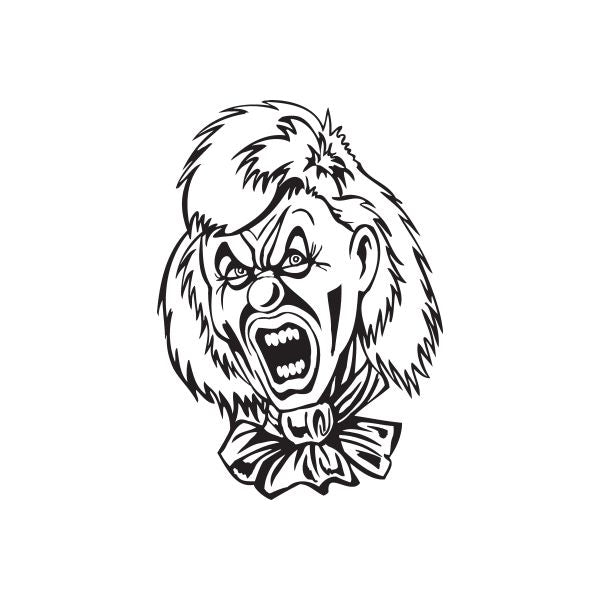 Shiny hair clown head decal sticker with black-and-white snarling clown face and bow tie