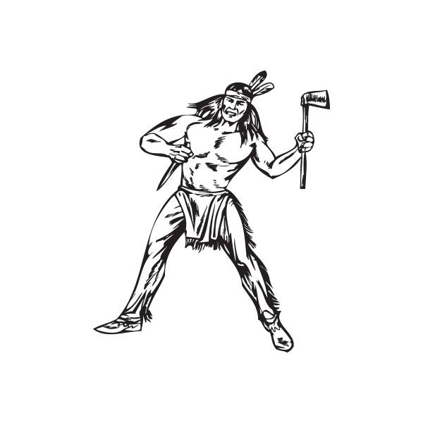 Native American warrior decal, shirtless figure in feather headdress holding a flag staff