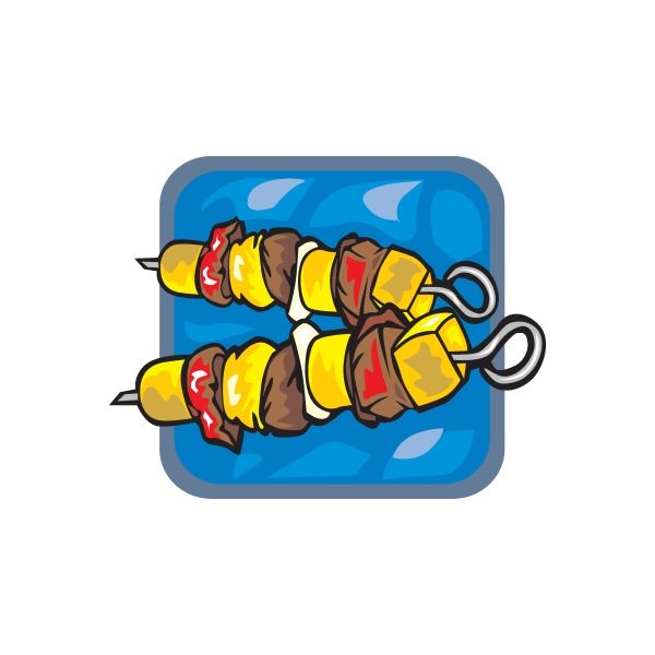 Shish kabob sticker with cartoon skewers and keychain rings on blue square