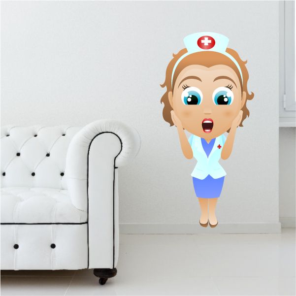 Shocked nurse sticker with cartoon nurse face, red cross hat, blue uniform